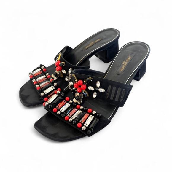 Authentic LOUIS VUITTON‎ Black Suede Beaded Slides Mules Heels sz. 7/37 - Picture 2 of 8